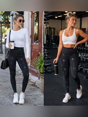 Terez Black Tonal Star High-Waisted Performance Leggings | Size Large